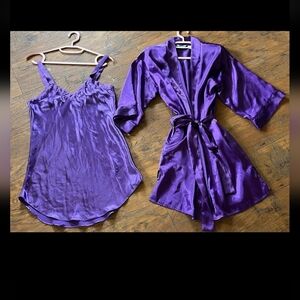 Purple Matching Lounge Set Silky Tank Sleep Dress W/ Robe Polka Dot Design Sz Sm